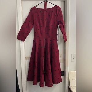 NWT Unique Vintage Burgundy Black Dot Devon Swing Dress - L
